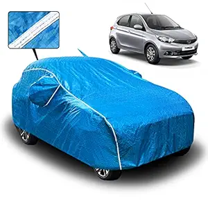 Fabtec Waterproof Car Body Cover for Tata Tiago with Mirror and Antenna Pocket and Soft Cotton Lining (Full Bottom Elastic Triple Stitched) (Metallic Blue with Piping)