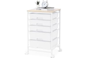 SYKIARIOL Storage Trolley with 5 Plastic Drawers, Rolling Storage Cart on Wheels, Multipurpose Utility Cart Organizer Unit for Living Room,Bedroom,School,Beauty, Easy Movement, White