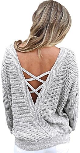 women sweater casual knit sportswear sweatshirts elasticity long sleeve cross back slim solid color pullovers tops . gray . l