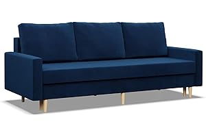 ‎MEBLIGO Mebligo - Sofa mit Schlaffunktion und Bettkasten Blank, 3 Sitzer Sofa 212 cm Breit, Schlafsofa mit Bonellfederkern im Sitz, Ausziehbares Couch auf Holzfüßen, Sofa Wohnzimmer - Sofa Blau