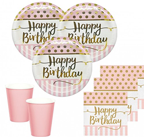 KPW 36 Piezas Rosa Chic Happy Birthday Party Set de decoración en Color Rosa y Oro de cumpleaños para 8 Personas