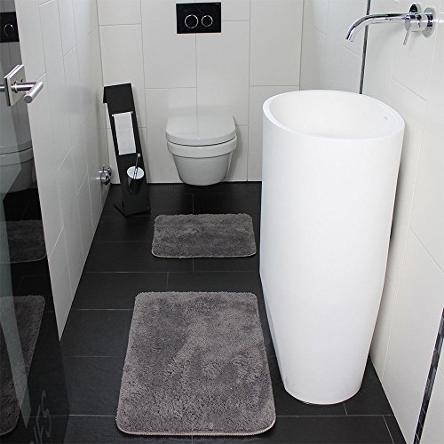 proheim Badematte 2-teiliges Set 50 x 80 und 45 x 50 cm rutschfester Badvorleger Premium Badteppich 1200 g/m² weich & kuschelig Hochflor Duschvorleger, Farbe:Grau - 3