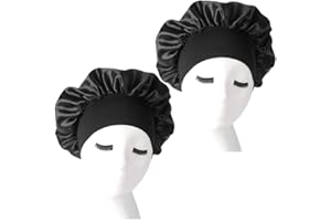 nuoshen 2 Pack Bonnet with Wide Elastic Band, Silky Bonnets Hat Soft Satin Sleeping Head Cover for Night Sleep Curly Hair Protection