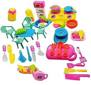 AKSHARAM AHAM Kids New Toy Kitchen Set for Girls with Cooking Utensils and Dining Table Chair Combo Items, Little Chef Realistic Miniature Chefs Pretend Play Role Play Home Game