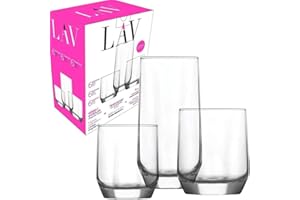 LA&V LAV 18 vasos para bebidas, 3 tamaños diferentes, juego de vasos de 385 ml, 310 ml, vasos para agua de 215 ml cócteles, licores y postres