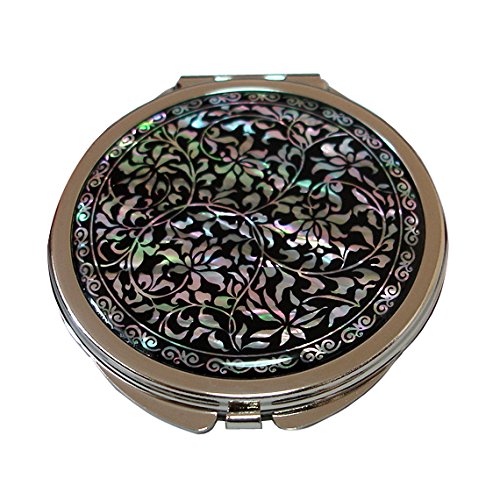 Mother of Pearl Arabesque Design Double Compact Round Magnifying Cosmetic Handbag Makeup Purse Beauty Pocket Mirror