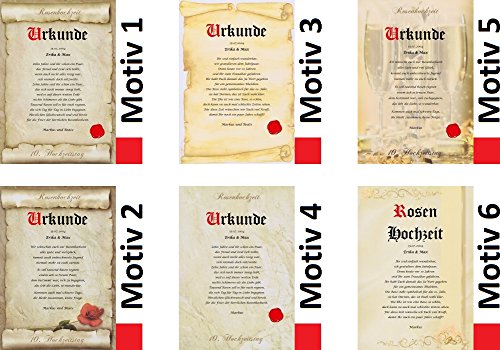 Rosenhochzeit Urkunde persönliche Geschenk Karte zum 10. Hochzeitstag Pergament div. A4 Papier Motive - 8