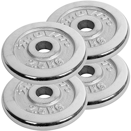 MOVIT® 20 kg Chrom Kurzhantel Set aus GUSSEISEN im Koffer, 2 Stück a 10kg, Stangen gerendelt 35 cm x Ø 3 cm STANDARDNORM mit Sternverschluss, inkl. 4x 2,5 kg + 4x 1,25 kg Hantelscheiben - 7