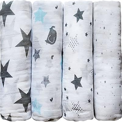 CuddleBug "Nuit Étoilée" CuddleBug Lot de 4 Lange Bébé | 120cm x 120cm Couverture Emmaillotage pour Bébé | 4 Modèles Mignons | Mousseline de Coton 100% | Unisexe | Meilleur Couverture Bébé | Garantie à Vie