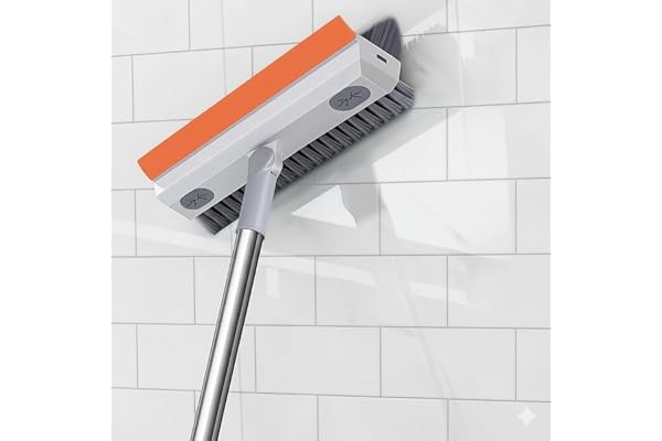 THE SIMPLE GHAR 3-in-1 Tile BathroomCleaning Brush with Wiper 180° Rotating Head Long Handle Floor Scrubber Brush for Tile, Toilet Silicone Wiper Blade, Heavy Brush (Orange)