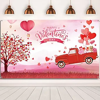 Happy Valentine's Day Backdrop Banner Red Love Heart Balloons Photography Background Truck Tree Backdrop Valentine Day Photo Shoot Props for Valentine Party Supplies and Decorations
