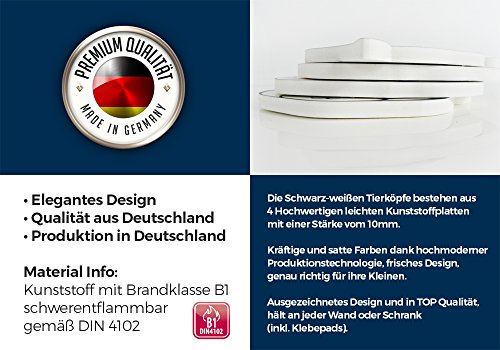 Wanddekoration in 3D für das Kinderzimmer – *** NEUHEIT*** 4er-Set mit 3D-Effekt -Süße schwarz-weiße Indianer Tierköpfe in TOP Qualität auf 10mm starken Platten – MADE IN GERMANY - 3