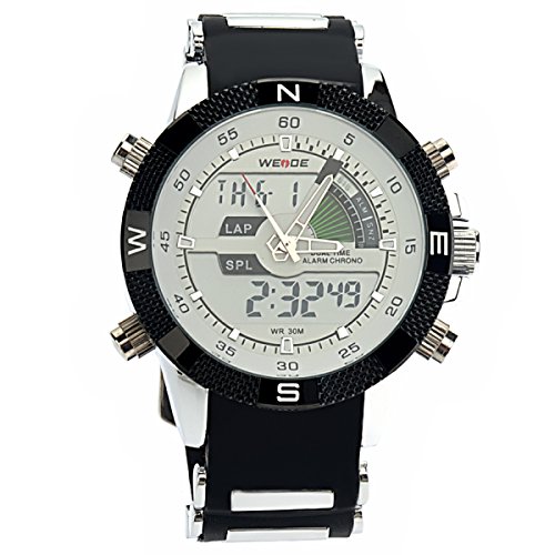 PIXNOR Hora Dual WEIDE WH-1104 impermeable de los hombres deportivos LED Digital reloj de pulsera de cuarzo con fecha cronómetro alarma correa de caucho (blanco)