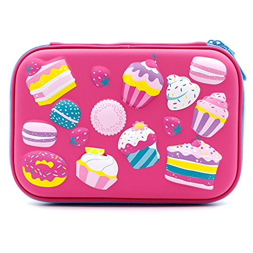 Astuccio rigido, portapenne e matite, per bambini, grande, goffrato, con scomparti, decorato con torte e pasticcini colorati, carino, ideale anche come trousse per il trucco Hot Pink