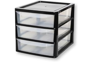 Khanary Plastic Storage Drawer A4 Medium Storage Box Multipurpose Office Desktop Tabletop Counter School Bedroom Garage Kids Room Clear Black & Silver (Black Clear, A4 3 Tier Small Black Clear)