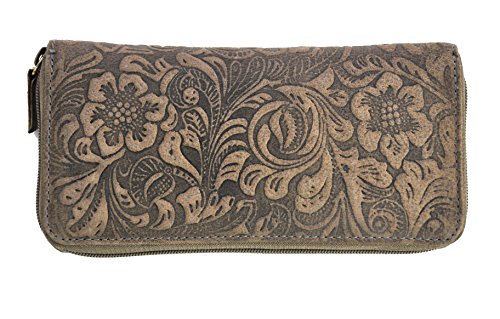 Preisvergleich Produktbild feminine Damen Reißverschluss Geldbörse lang, ölgeprägtes Vollrindleder Jockey Club florale Motive, Ranken und Blüten