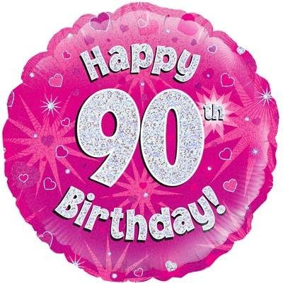 OakBSC Happy 90th Birthday Pink Holographic Balloon. Delivered Helium Inflated in a Box