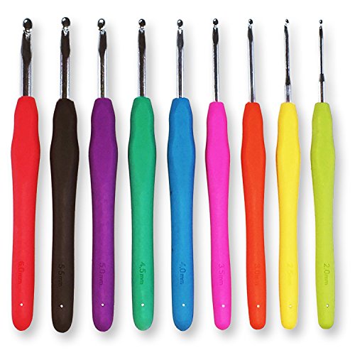 Häkelnadel Set 9 Teilig / Häkelnadeln aus Aluminium mit bunten, gummierten Griffen, ideal für Anfänger - PREMIUM QUALITÄT - 2,0 / 2,5 / 3,0 / 3,5 / 4,0 / 4,5 / 5 / 5,5 / 6,0mm von HeavySun