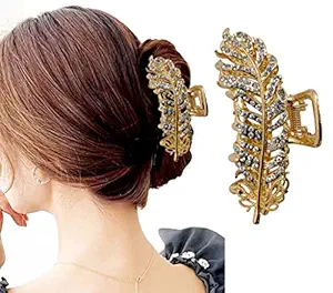 ANNACREATIONS Golden Large Metal feather Rhinestone Hair Clutcher hair Claw Hair Accessories For Women Girls (Style-16)