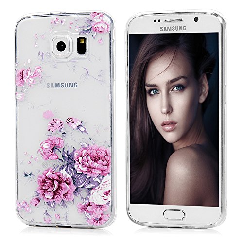 Badalink Hülle für Samsung Galaxy S6 Slimcase TPU Rose Blümchen und Strauchpäonie Gemalt Aufdruck Muster Schutzhülle Weich Flexibel Semi-transparent Wasserdicht Einteilige Handyhülle Soft Leicht Stoßstangen Case - 2