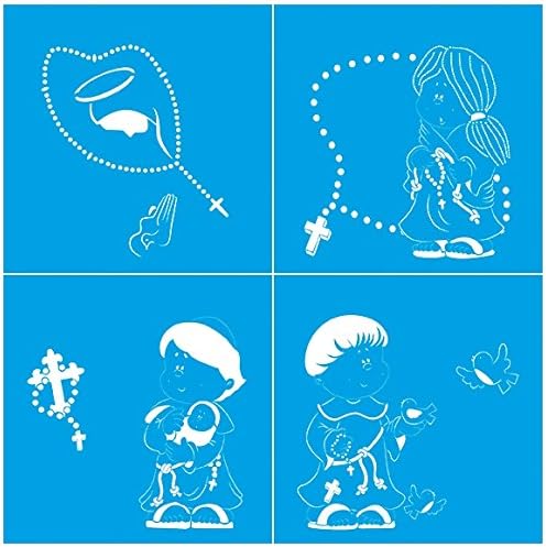 Set of 4 - 10cm x 10cm Reusable Flexible Plastic Stencil for Graphical Design Airbrush Decorating Wall Furniture Fabric Decorations Drawing Drafting Template - Christian Boy Girl