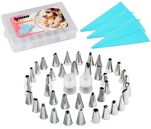 [45 Stück Set] Ipow 40 Edelstahl Spritztüllen Set + 3 wiederverwendbare silikon Spritzbeutel + 2 kunststoff Kupplungen, Tortendeko Zubehör für Biskuit, Keks, Schokolade, Cupcake, Kuchen etc.
