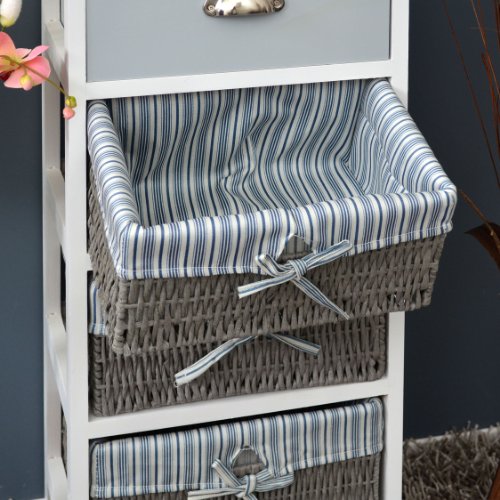 Landhaus Kommode Schrank Bad Regal in grau weiss mit einer Schublade und drei Körbe mit einem Stoffbezug in Blau - 5
