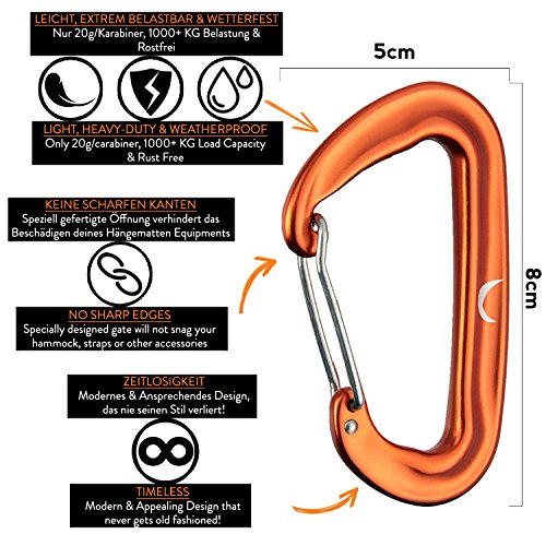 PURE HANG Hochbelastbare & Ultra-Leichte Aluminium-Karabiner mit Drahtbügel-Verschluss Zubehör Befestigungs-set Aufhängeset für Hängematte & Hängesessel 12kN Belastung & 20 Gramm, Orange – 2 Stück Hängematten-Karabiner – Safe & Smart Abhängen - 3