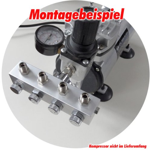 Agora-Tec® Airbrush Komplett-Set PROFI XIII.1, inkl. 4 Bar Kompressor , 21,6l/min und 3 Liter Tank + 2 Airbrushpistolen mit 0,2 & 0,3 & 0,5 & 0,8mm Nadeln/Düsen + regelbaren 4-fach Luftdruckverteiler + 2 Schläuche + Adapter - 7