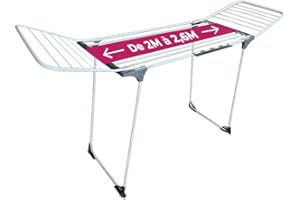 CORIBI Étendoir à Linge XXL Plus- Extensible jusqu'à 2 m - capacité 30 m - Ailes Hautes - Deux Accessoires Porte-Chaussettes