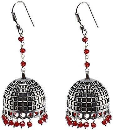 Traditional Style Indian Earrings-Wedding Bells Jhumki-Red Crystal Jhumka-Silvestoo India PG-102637