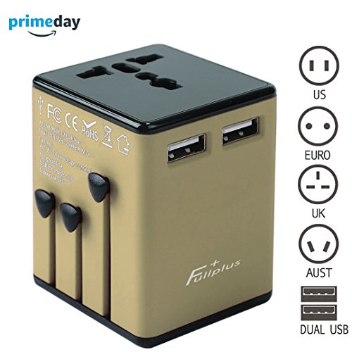 SMING Adaptador Cargador Integral Universal para Viajes internacionales, Adaptador de CA para Enchufe de Pared, con 2 2.5A Puertos de Carga USB, para EE.UU, Europa, Reino Unido y Australia(Gold)