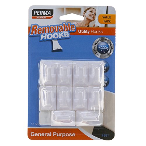 Permastik Small Utility Hooks Value Pack, 10 Hooks & 10 Adhesive Strips Holds 300g Each, White