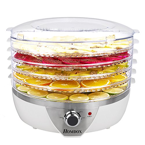Homdox Dörrgerät Dörrautomat 5 Etagen, Einstellbare Temperatur, BPA Frei, 500 Watt, Dehydrator für Fleisch Obst Gemüse Pilzen Kräutern, Inklusive Rezeptheft