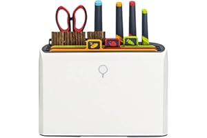 BREADOM Planche à découper intelligente et couteaux avec support, ensemble de panneaux de coupe de 4 planches à découper à codes en couleur, 4 couteaux, organisateur de séchage, outils de cuisine séché, blanc