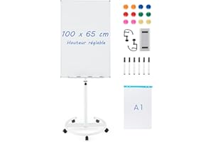 COSTWAY Tableau Blanc Effacable sur Pied, 100 x 65 cm, Tableau Blanc sur Pieds Hauteur Réglable 132-192 cm, Support Sur Roulettes, Cadre en Alu, Paper Board, pour École, Bureau