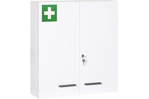 kleankin Botiquín de Pared de Acero de Primero Auxilios Botiquín para Medicinas de 3 Niveles Armario de Baño con Cerradura y 2 Llaves para Cocina 55x18x60 cm Blanco