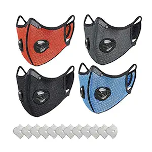 Mouth Covering with Two BreathingValves 4 PC and 12 PC Filters - Black & Orange & Blue & Gray - Outdoor Riding Anti-Dust and allergy Sunscreen