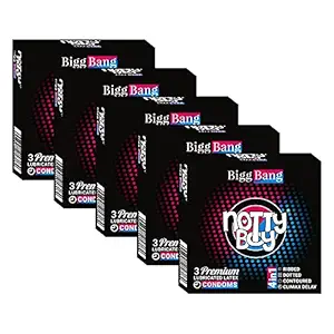 NOTTY BOY BiggBang 4-in-1 Climax Delay Ribbed Dotted Contoured Extra Time Condom For Men - 15 Count (Pack of 5)