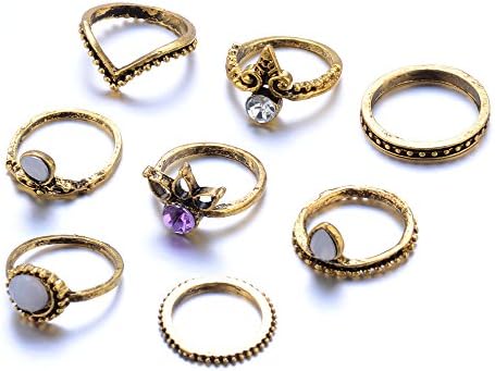 FinDox(TM) 8Pcs/Set Geometric V Crystal Rhinestones Opal Midi Ring Sets Beach Jewelry Vintage Turkish Flower Knuckle Rings For Women [ Gold ]