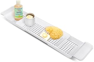 GREENSAPPIRE Bath Rack Trays Adjustable Bathtub Caddy Tray Bathroom Rack Shelf Retractable Bathroom Accessories Board Bathroom Trays for Place Candles Wine Glass Book Phone Pad Holder (White)