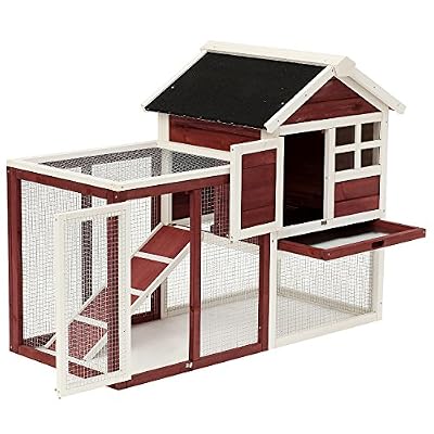 Pawhut Clapier Cage à Lapins Multi-équipé : Niche supérieure avec Rampe, Plateau excrément, fenêtre + enclos extérieur sécurisé 2 Portes 122L x 63l x 92H cm Rouge Brique