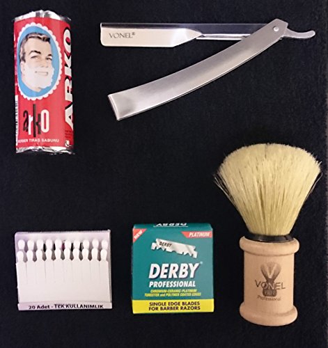 Deluxe Cutthroat Razor Shaving Set Gift Pack inc. Vonel Stainless Steel Razor, Derby Platinum Professsional Single Edge Blades, Arko Shave Soap 75g, Vonel Boar Shaving Brush & Styptic Matches
