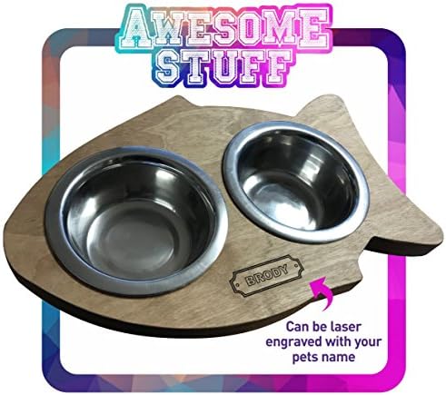 ADD YOUR CATS NAME FREE OF CHARGE!! Fish shaped Cat Bowl holder complete with 2 x 5'' stainless steel bowls