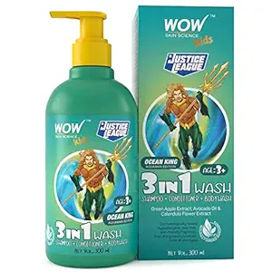 WOW Skin Science Kids 3 in 1 Wash - Shampoo + Conditioner + Body Wash - Ocean King Aquaman Edition - No Parabens, Color, Mineral Oil, Silicones & Sulphate - 300mL