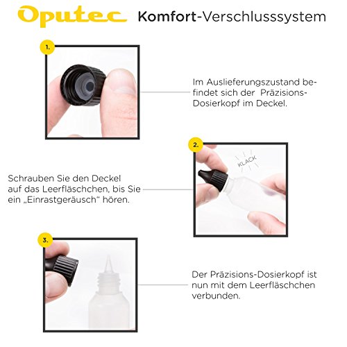 10 x 100 ml Oputec Dosierflaschen mit Tröpfler für die Dosierung und Aufbewahrung von Flüssigkeiten | Liquidflasche für E-Liquids (für E-Zigaretten), Öle, Augentropfen und mehr | Made in Germany | inkl. 10 Beschriftungsetiketten | Leere HD/LDPE Kunststoffflaschen natur, Tropfflaschen mit schwarzer Kappe - 3