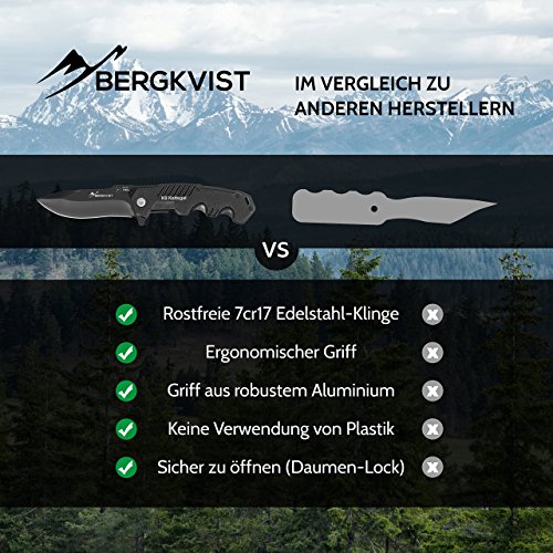 BERGKVIST Klappmesser extra scharf | Mattschwarzes Outdoor Survival Taschenmesser | Kompaktes Einhandmesser mit Edelstahlklinge & Aluminiumgehäuse | Ideal einsetzbar für Freizeit, Arbeit, Wandern & beim Camping - 4