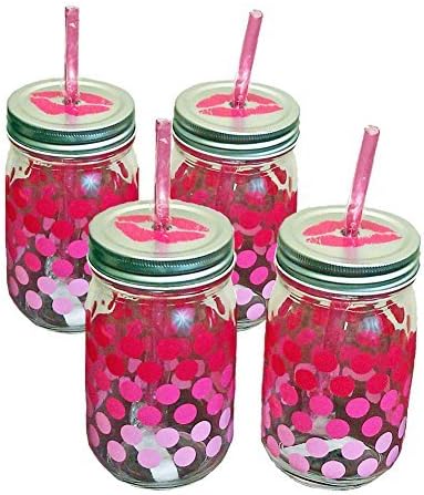 Hot Pink Lips Mason Drinking Jars with Lids and Straws Set of 4 by Randa