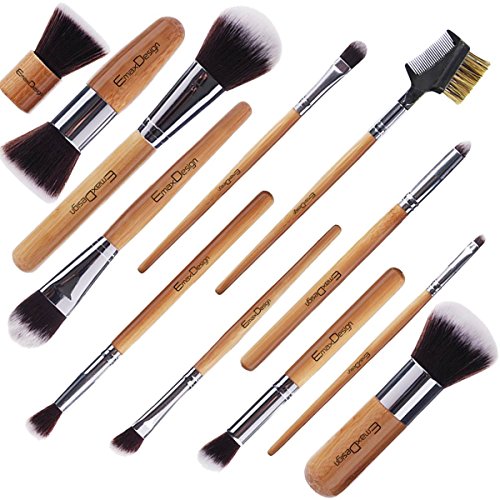 EmaxDesign 12+1 Teilig Make-up Pinselsets, 12 Teilig Bambus-griff Professionell Premium synthetisch Kabuki Foundation Blending Blush Kosmetikpinsel Set + 1 Teilig EmaxBeauty Blender Schwamm - 4