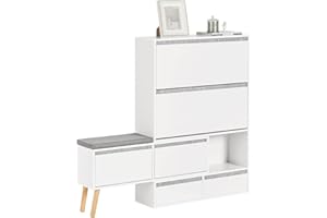 SoBuy FSR134-W Banco Zapatero Mueble para Entrada con Banco móvil 2 Cajones y 2 Solapas y Armario de Entrada Blanco 124-92 x 24 x 126 cm ES